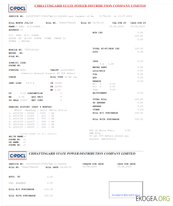 India C pdcl utility bill word and pdf template